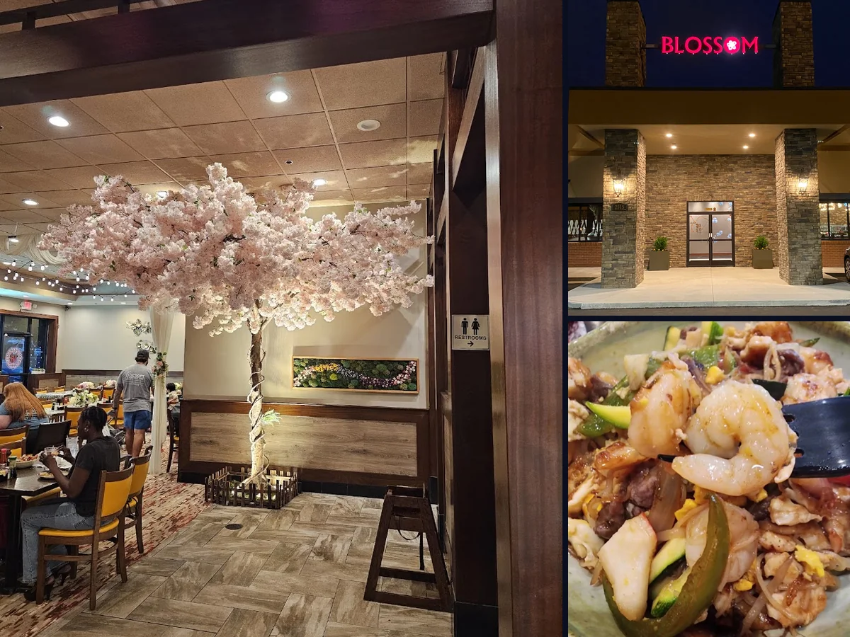 Buffet tables with assorted Asian dishes.