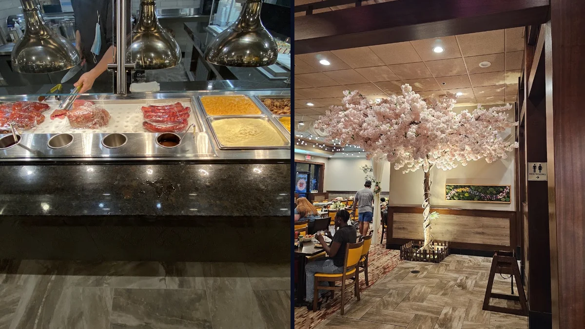 Buffet tables with assorted Asian dishes.