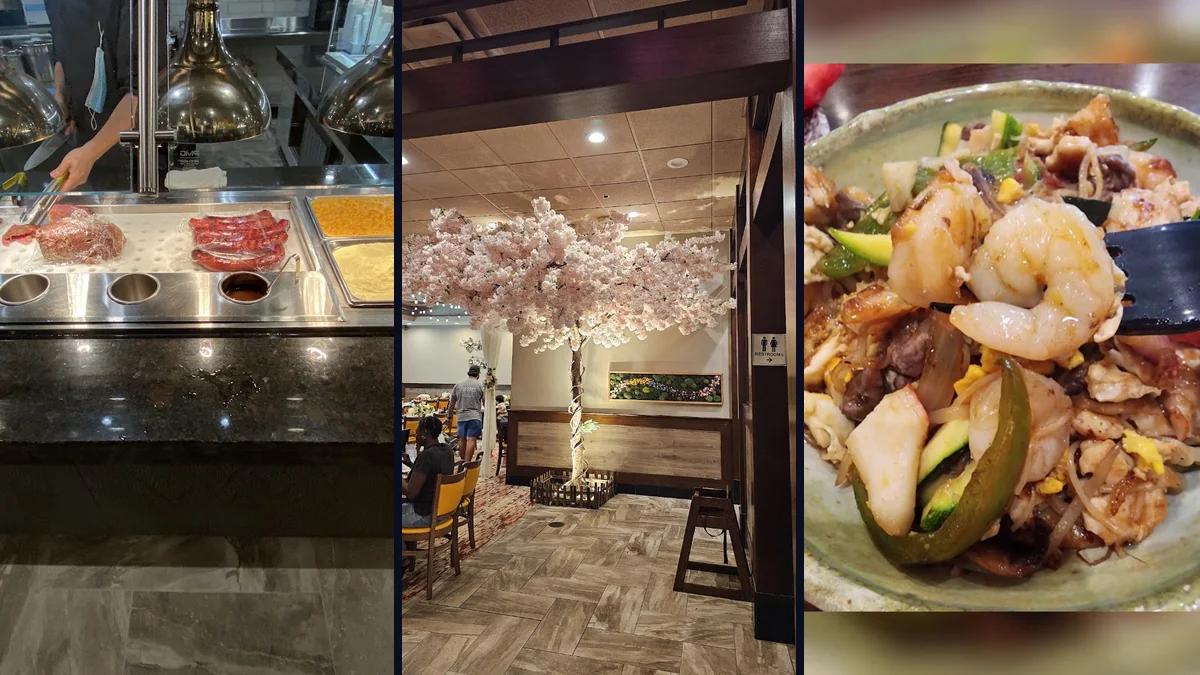 Buffet tables with assorted Asian dishes.